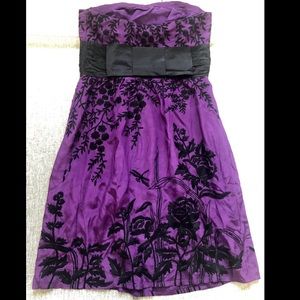 Tracy Reese purple silk black embroidered dress 12 Y2K 90s empire strapless